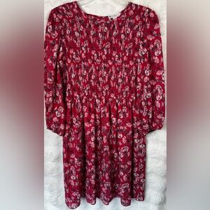 Smocked Floral Long-Sleeve Dress - Red